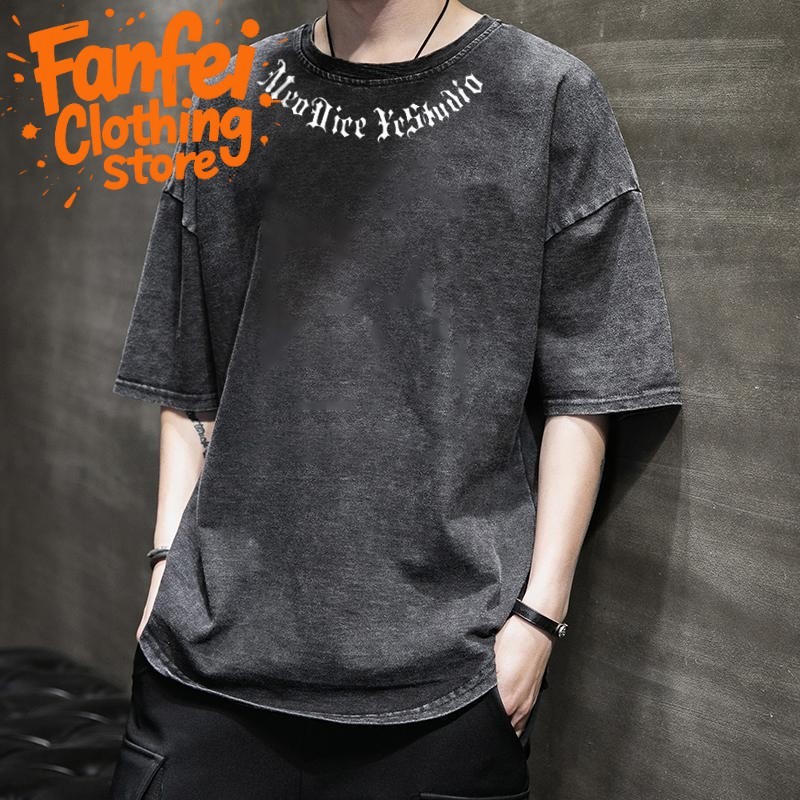 （จัดส่งตลอด 24 ชั่วโมง）Fanfei  เสื้อยืดฟอก popmart oversize ผ้าฝ้าย100% สีดําเข้ม เรโทร สําหรับผู้ห ใส่ได้ทั้งชายและหญิง
