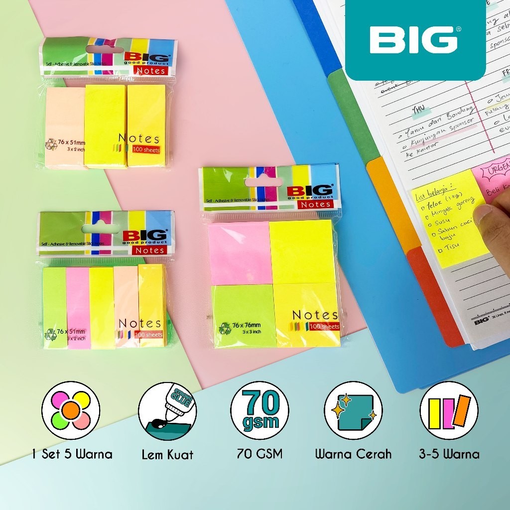 Sticky Notes Color BIG 7651/7676 Sticky Notes Memo Paper 3W 4W 5W – กาวแข็งแรง 70 GSM