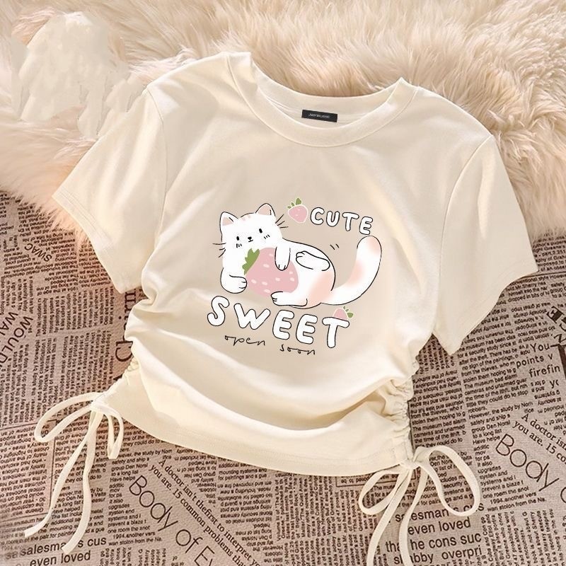 เสื้อยืดแขนสั้นเด็กผู้หญิงพิมพ์ลายแมวและผีเสื้อเกาหลี Drawstring Design Cropped Top