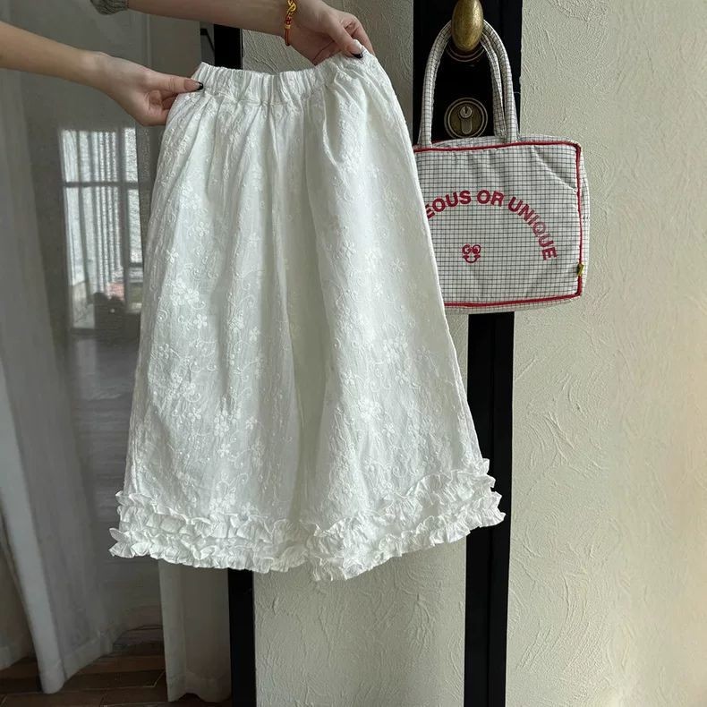 กางเกงขากว้างทรงหลวมสำหรับเด็กผู้หญิงแบบบางสำหรับฤดูร้อนกางเกงสีขาวสบายๆทรงหูไม้สำหรับเด็กสไตล์ตะวันตกหวานสไตล์เกาหลี