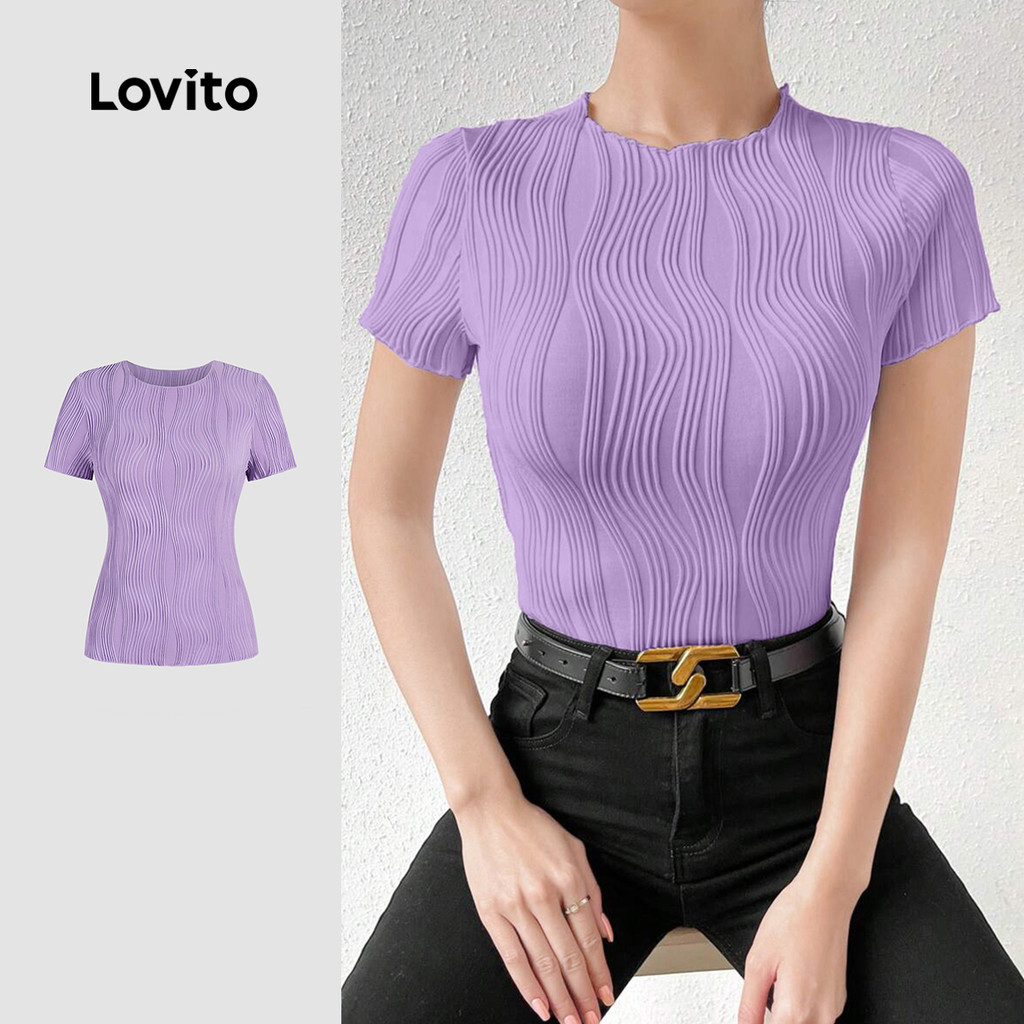 Lovito เสื้อยืด ผ้าแจ็คการ์ด สีพื้นหรูหราสําหรับผู้หญิง L131ED635