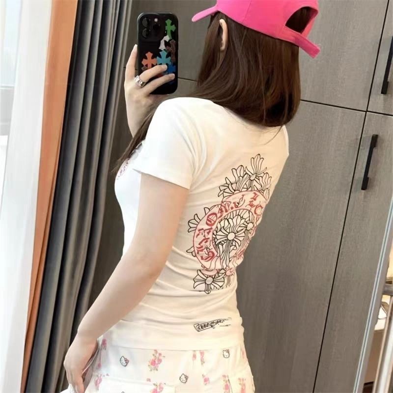 2025 สไตล์ใหม่ฤดูร้อนเกาหลีรุ่นพิมพ์แขนสั้นเสื้อยืดผู้หญิง Slim-Fit Slimmer ดู Bo