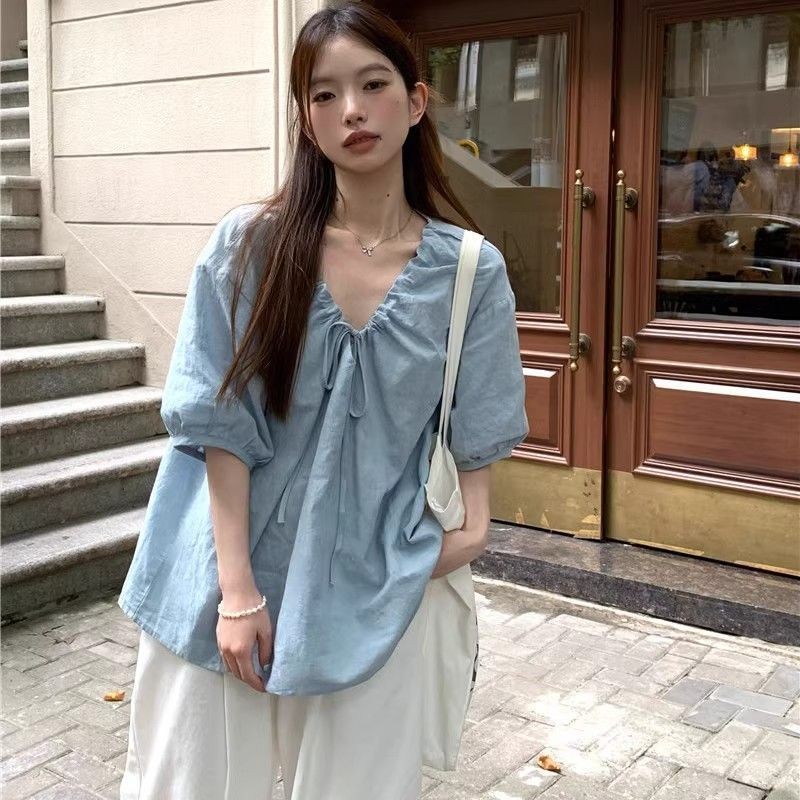 Mona~คอวี ผูกขึ้น แขนสั้น สีทึบ เสื้อเชิ้ต เวอร์ชั่นเกาหลี สไตล์ใหม่