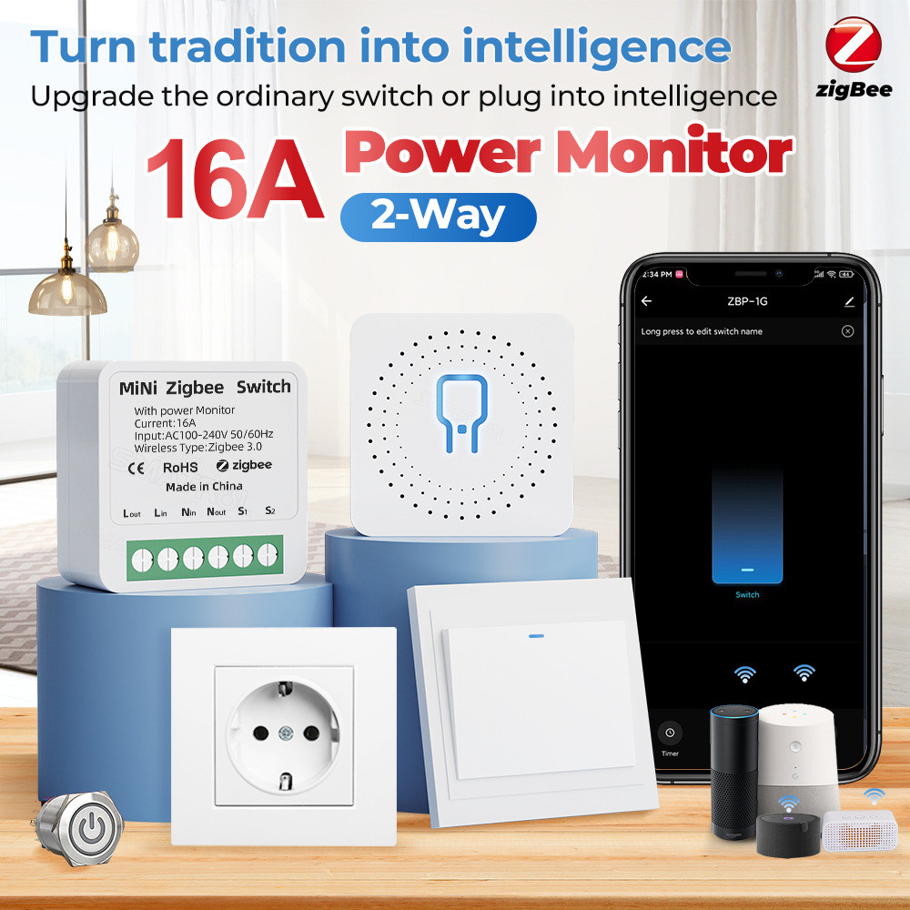 Tuya WiFi Zigbee สมาร์ทสวิทช์การตรวจสอบพลังงาน Smart Life 16A DIY สวิตช์ไฟเบรกเกอร์ไร้สายสําหรับ Alice Alexa Google