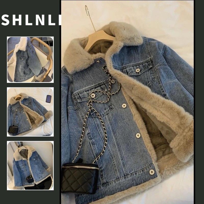 เสื้อแจ็คเก็ตยีนส์หนากํามะหยี่สําหรับผู้หญิงสําหรับฤดูใบไม้ร่วงและฤดูหนาวเสื้อโค้ทอเนกประสงค์ลําลองทรงหลวม