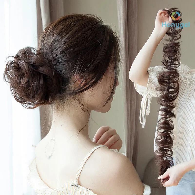 {Honyge1} ห่อประเภทผมสังเคราะห์ Bun Elastic Fluffy ยาว Curly Hairstyling Fixator เครื่องมือต่อผมสําหรับผู้หญิงใหม่
