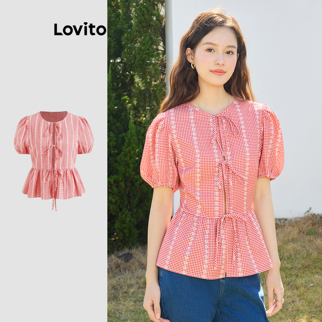 Lovito เสื้อเบลาส์ลายเรขาคณิตแบบลำลองสำหรับผู้หญิง L108ED825