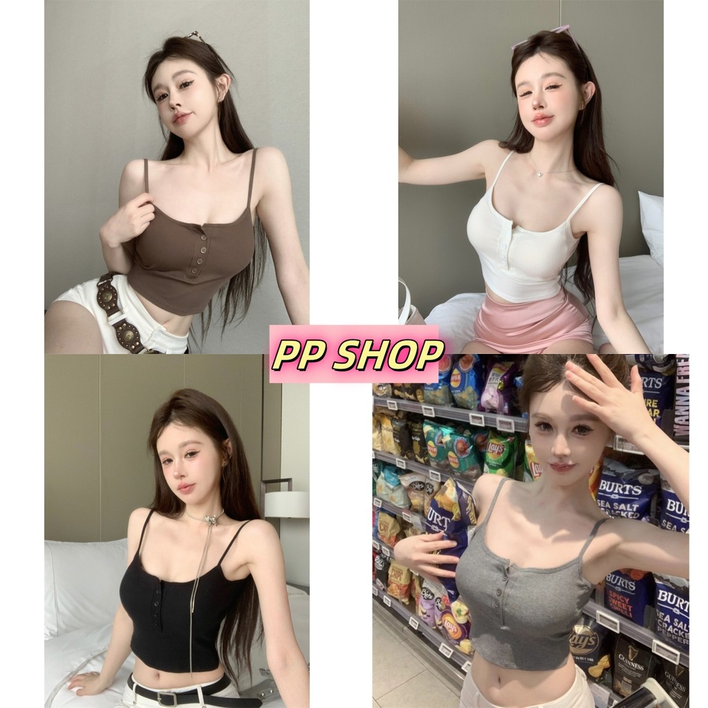 PP SHOP พร้อมส่ง สายเดี่ยวเสื้อครอป มีฟองน้ำใส่สบาย เซ็กซี่ กระดุมหน้า สีพื้น ครอปกล้าม ผ้ายืด เข้ารูป น่ารักๆ#FY1026-S