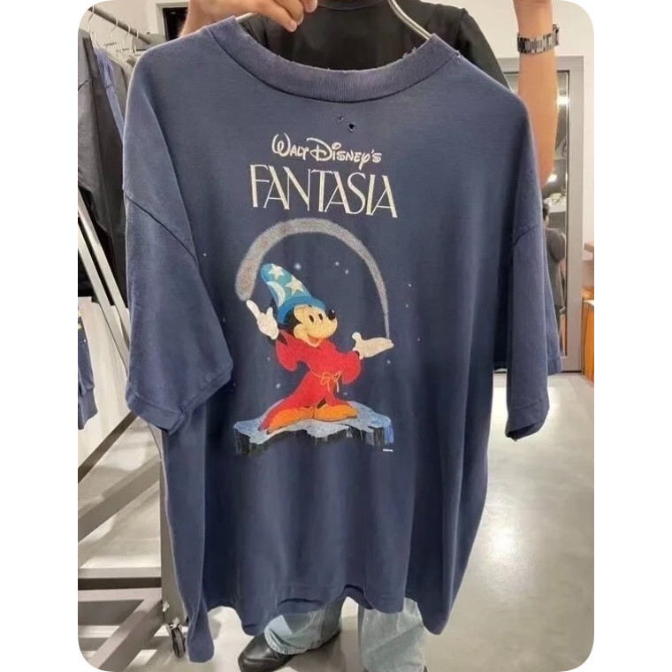 ขายร้อน ขายร้อน Saint Michael 25SS "Fantasy Magic FANTASIA" Wash Water Distressed เสื้อยืดผ้าฝ้ายลําลองคอกลมเสื้อยืดแขนสั้น