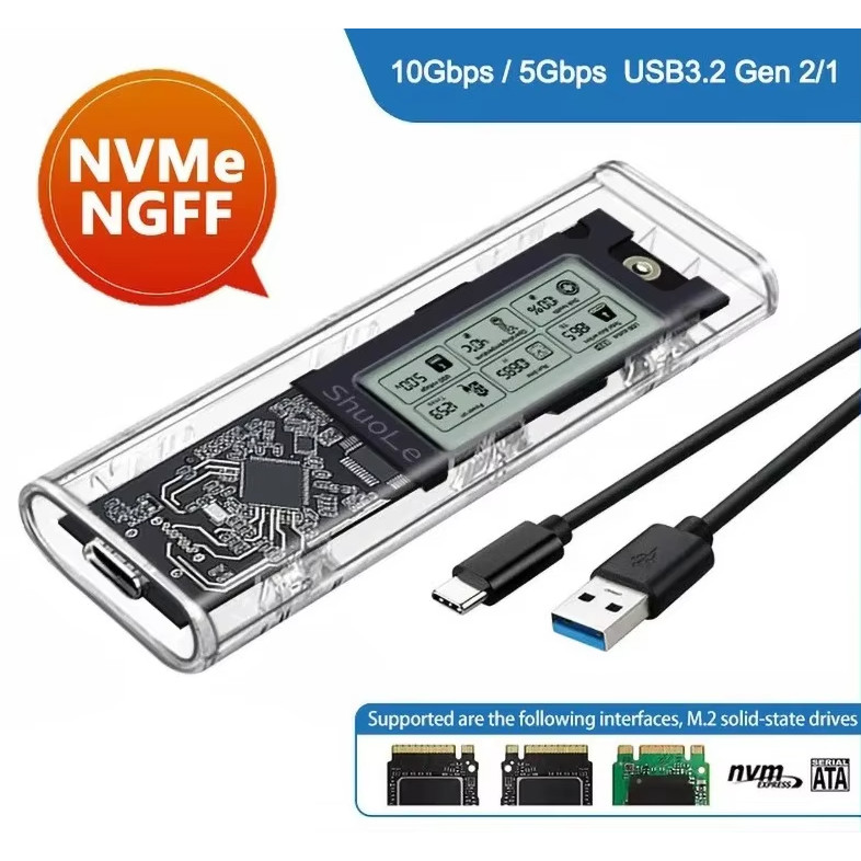 กล่องใส่ SSD โปร่งใสพร้อมจอแสดงผลอัจฉริยะ SATA SSD อะแดปเตอร์ USB 3.2 ประเภท C M.2 NVclosure/NGFF Tourist Protocol