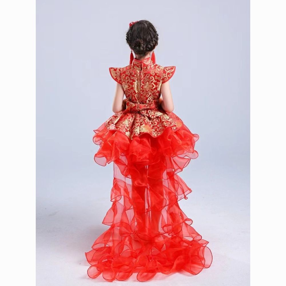 เด็กชุดเจ้าหญิง Guzheng Girl การแข่งขันประสิทธิภาพเครื่องแต่งกาย Cheongsam ปรับปรุง Pettiskirt นักเรียนสไตล์จีนเครื่องแต่งกายประสิทธิภาพ#儿童公主裙古筝女孩比赛表演服旗袍改良蓬蓬裙学生中国风演出服装