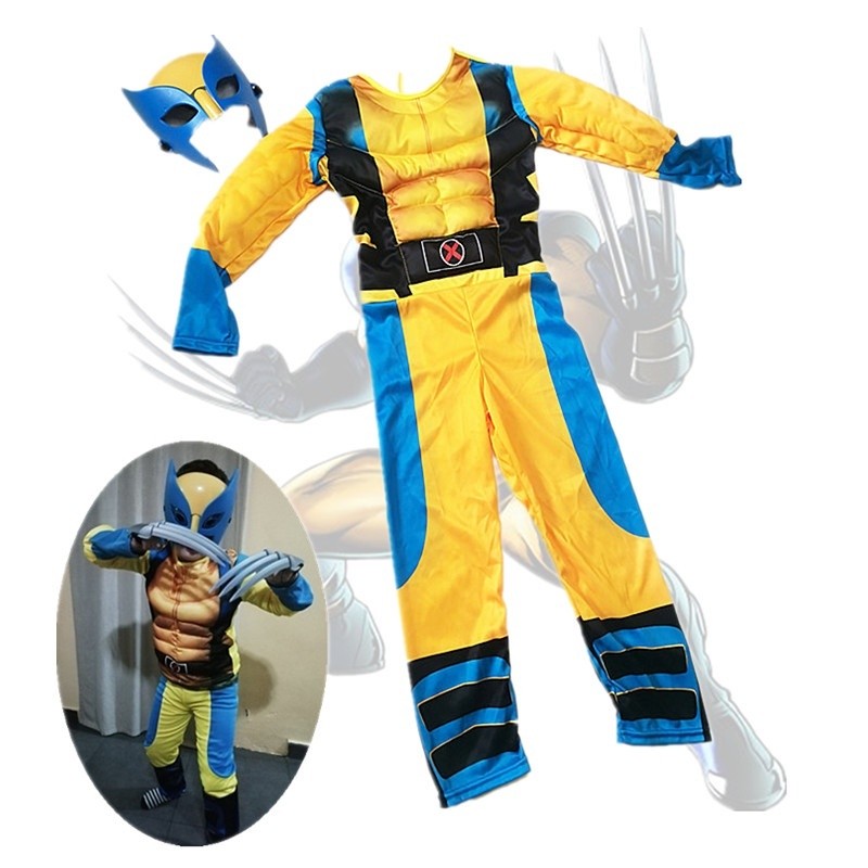 UhomeKids Wolverine เครื่องแต่งกาย Boy Superhero Jumpsuit เด็กฮาโลวีนคอสเพลย์หน้ากาก/Wolf Claw Props แฟนตาซี