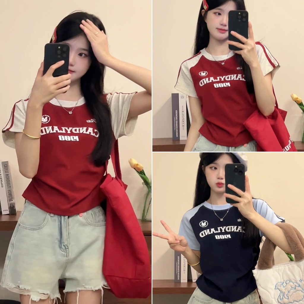 Hotgirl พร้อมส่ง✨เสื้อยืดแฟชั่นผู้หญิง เสื้อยืดทรงซ้อ แขนสั้นพิมพ์ลาย ดีไซน์เก๋ไก้และจีบด้านข้าง ย้อนยุค