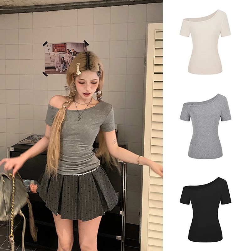 Dahong เสื้อยืดผู้หญิงแฟชั่นเกาหลี แขนสั้น เสื้อแขนสั้นปาดไหล่ข้างเดี่ยว สีพื้น เข้ากับทุกการแต่งกาย 2673