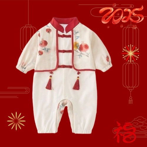 ฤดูใบไม้ผลิและฤดูใบไม้ร่วงเด็กใหม่เทศกาลฤดูใบไม้ผลิแขนยาว Double-layer onesie 0-28 เดือนเด็กใหม่จีนปีใหม่ Romper Out เสื้อผ้า