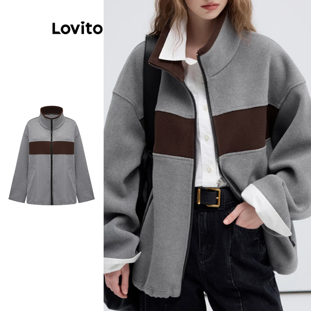 Lovito แจ็คเก็ตสีพื้นเรียบๆ ลำลองสำหรับผู้หญิง L110AD593