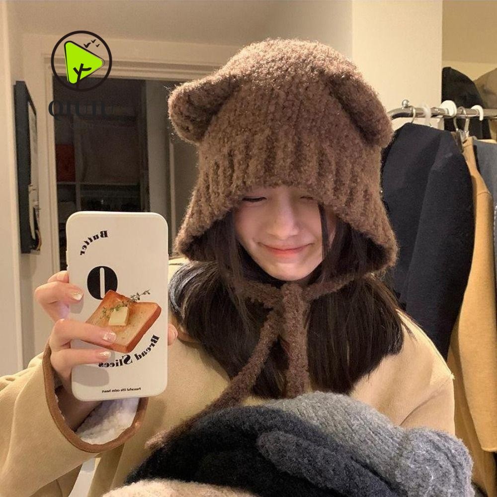 หมวกถักนิตติ้ง ชิวจู, หมวกป้องกันหูฤดูหนาว ย2เค, หมวกบีนนี่สายยาวนิชญี่ปุ่นน่ารักสาว