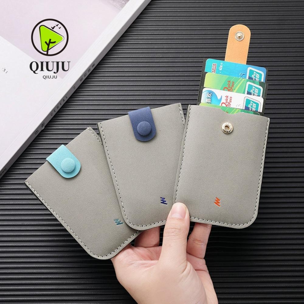 Qiju Mini Card Wallet, Laminated ปกปิด RFID Blocking ID Card Holder, Creative PU หนัง 4 กระเป๋าการ์ดประเภทดึงออกนามบัตรผู้หญิง