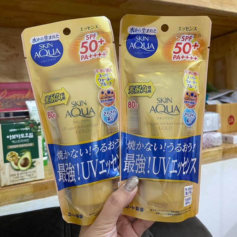 ⭐️ของแท้จากญี่ปุ่น⭐️ skin aqua uv super moisture essence gold สูตรกันน้ำ กันน้ำและกันเหงื่อ