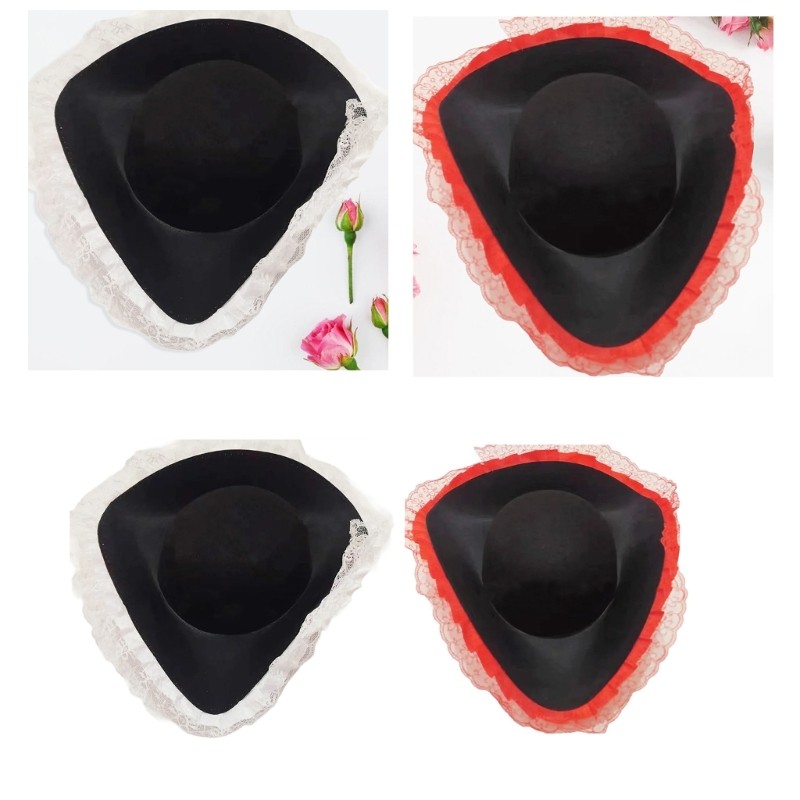 QUU Pirate Triangles Hat Adjustable Unisex Caribbeans Hat Lace Flower Decorative Hat