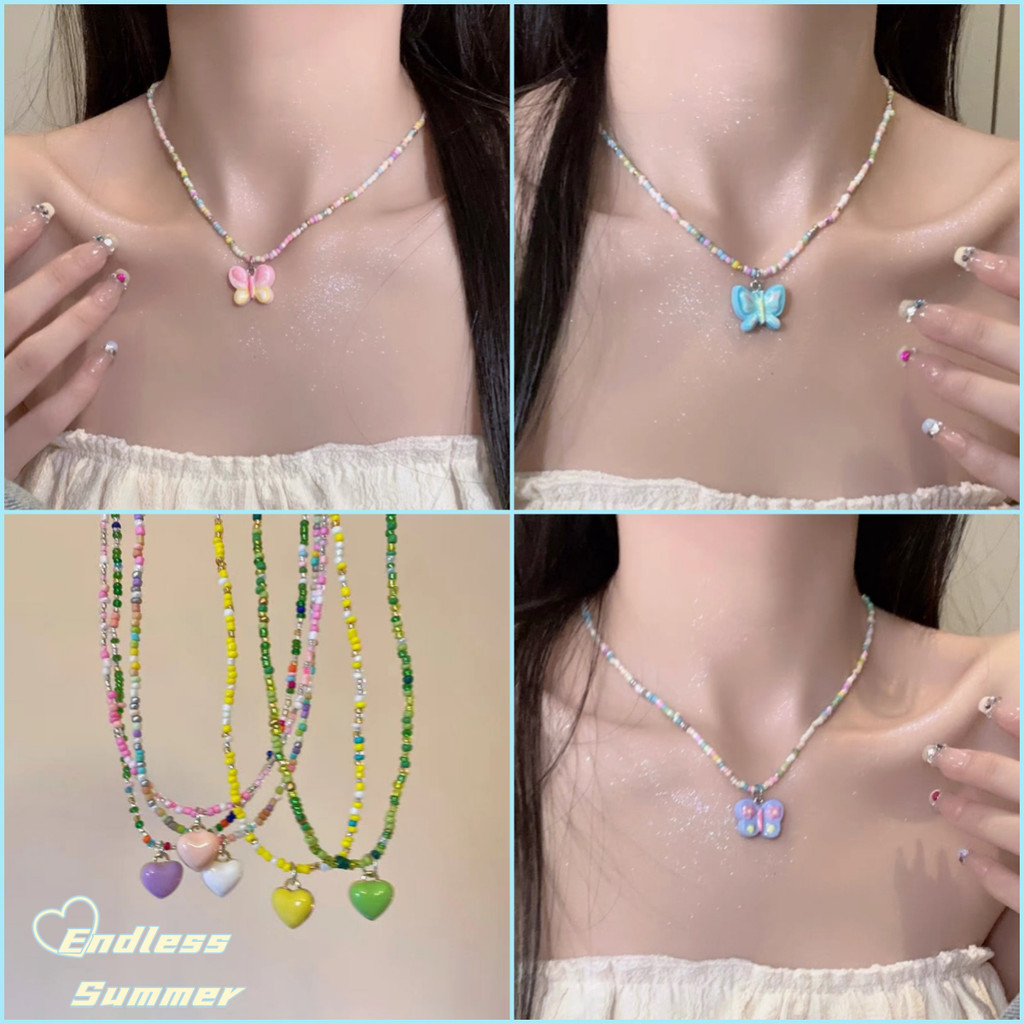 สร้อยคอ สร้อยคอหน้าร้อน สร้อยคอริมทะเล สีโดปามีน ผีเสื้อ องค์ประกอบดอกไม้ สไตล์เดียวกับฮยอนอา项链