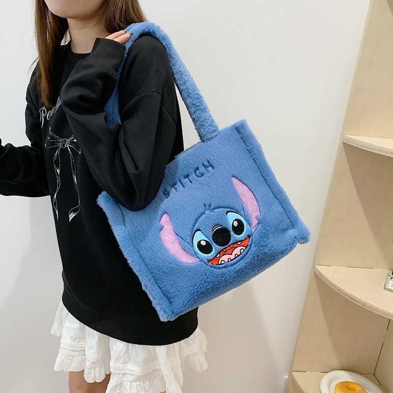 กระเป๋าสะพายตุ๊กตา Stitch ขนสัตว์โพลีเอสเตอร์สีฟ้า กระเป๋าถือขนาดใหญ่ 36x27x13cm ของขวัญวันเกิดสุดคิวท์สำหรับผู้หญิง
