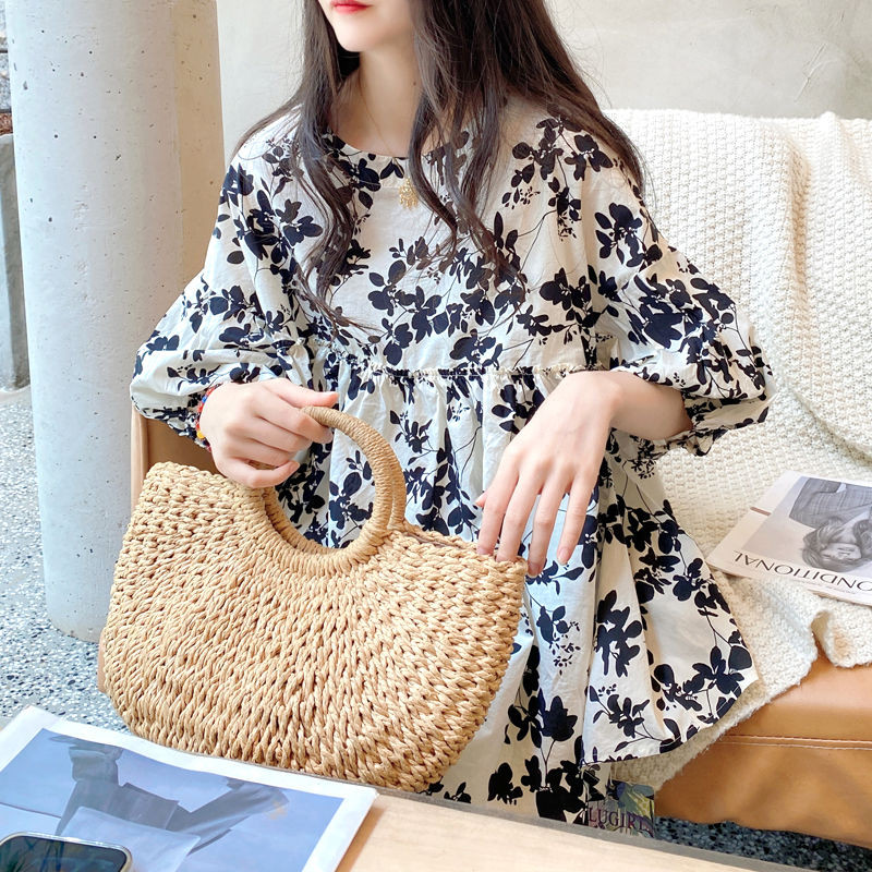 ส่งไวจากไทย⭐Summer⭐S-2XLใหม่เกาหลีรุ่นหลวมคอกลมผ้าฝ้ายพิมพ์เสื้อผู้หญิงกลางแขนด้านบน