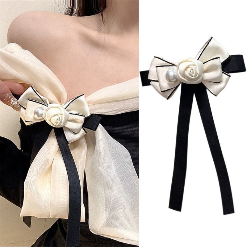 Lu ริบบิ้น Bows Tie เข็มกลัด Pin สําหรับผู้หญิง Vintage Camellia ดอกไม้ไข่มุก Bowtie Pre ผูก Bowknot Corsage พิธีเนคไท