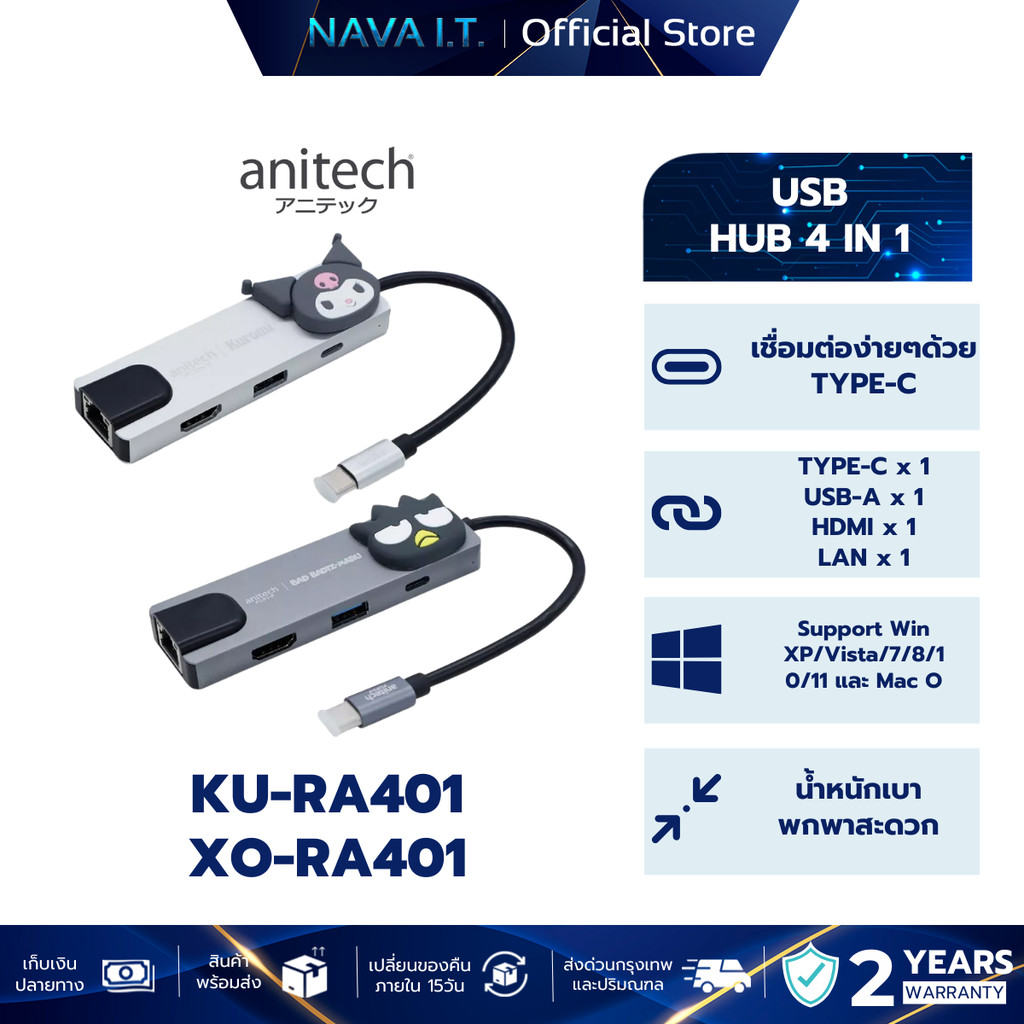ANITECH X Sanrio อุปกรณ์ต่อพวง USB HUB รุ่น KU-RA401 และ XO-RA401