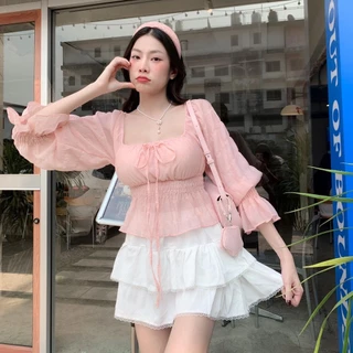 Kathy top : เสื้อครอปแขนยาว จั้มเอวจั้มแขน ใส่ขึ้นไหล่ปาดไหล่ได้ เนื้อผ้าบางมีเทคเจอร์ KN.Clothes