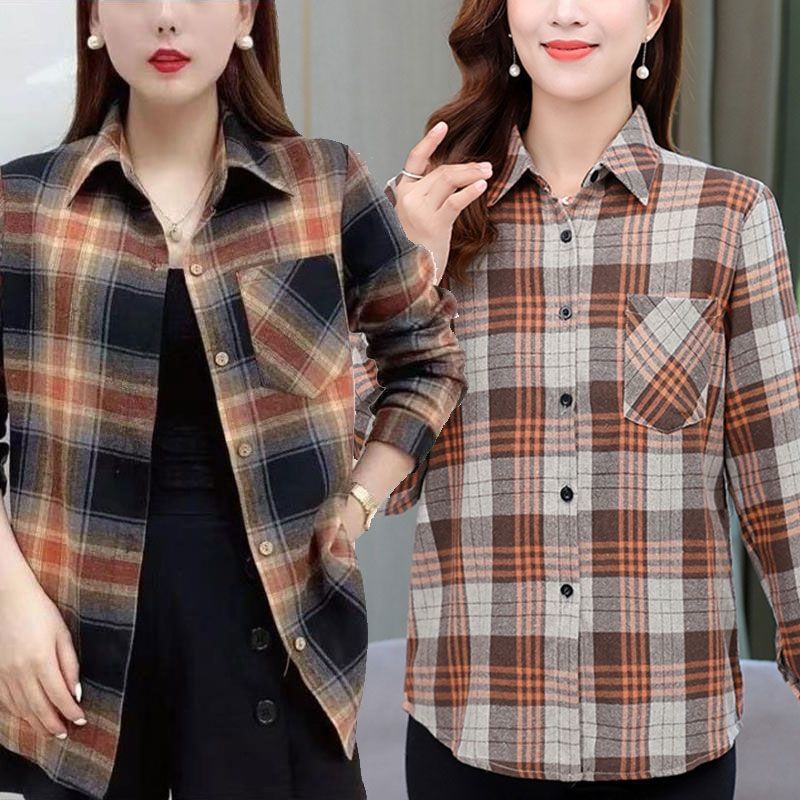 แม่เสื้อเชิ้ตแขนยาวบางหลวมขนาดใหญ่ฤดูใบไม้ผลิฤดูใบไม้ร่วงเสื้อลายสก๊อต - รูปที่ 4