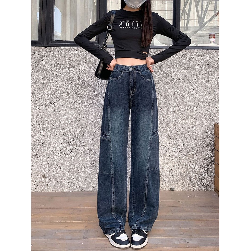 TAYCEN S-5XL(25-37) กางเกงยีนส์ผู้หญิง ไซส์ใหญ่  ผู้หญิงขนาดใหญ่เกาหลีผ้ายีนส์ เอวสูง ย้อนยุค เรียบๆขากว้างกางเกงยีนส์ขายาว กางเกงขายาว