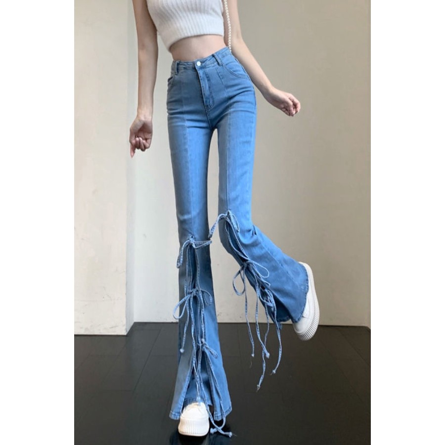 1313 คนคอลเลกชัน 2024 Top Laced-Up กางเกงยีนส์ผู้หญิงบางเอวสูงออกแบบ Slimmer ดูผอมยืด Flared กางเกง/