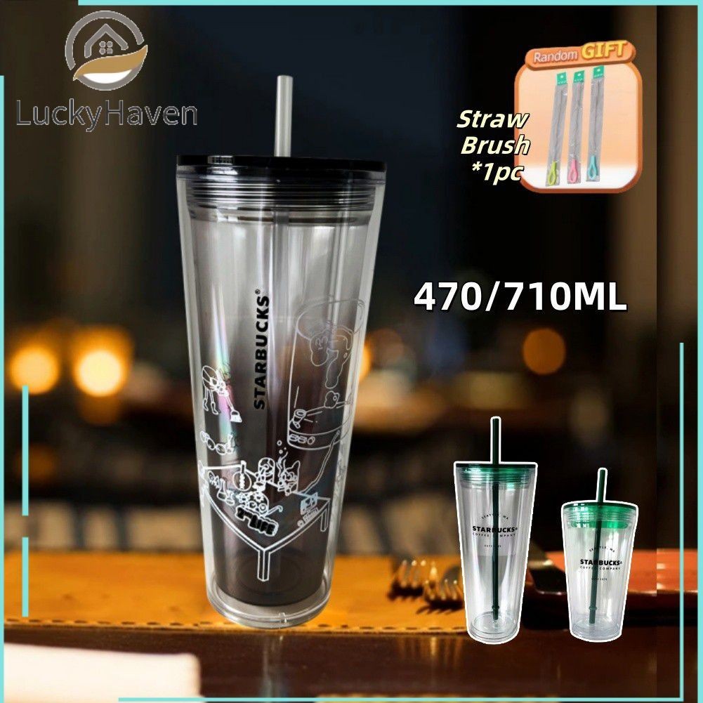 【มีในสต๊อก】 แก้วน้ำพลาสติกแบบมีหลอดสองชั้น 470/710 มล. แก้วน้ำใส แก้วกาแฟพลาสติกด้านหน้า พร้อมฝาปิดและหลอดดูด 【LuckyHaven】