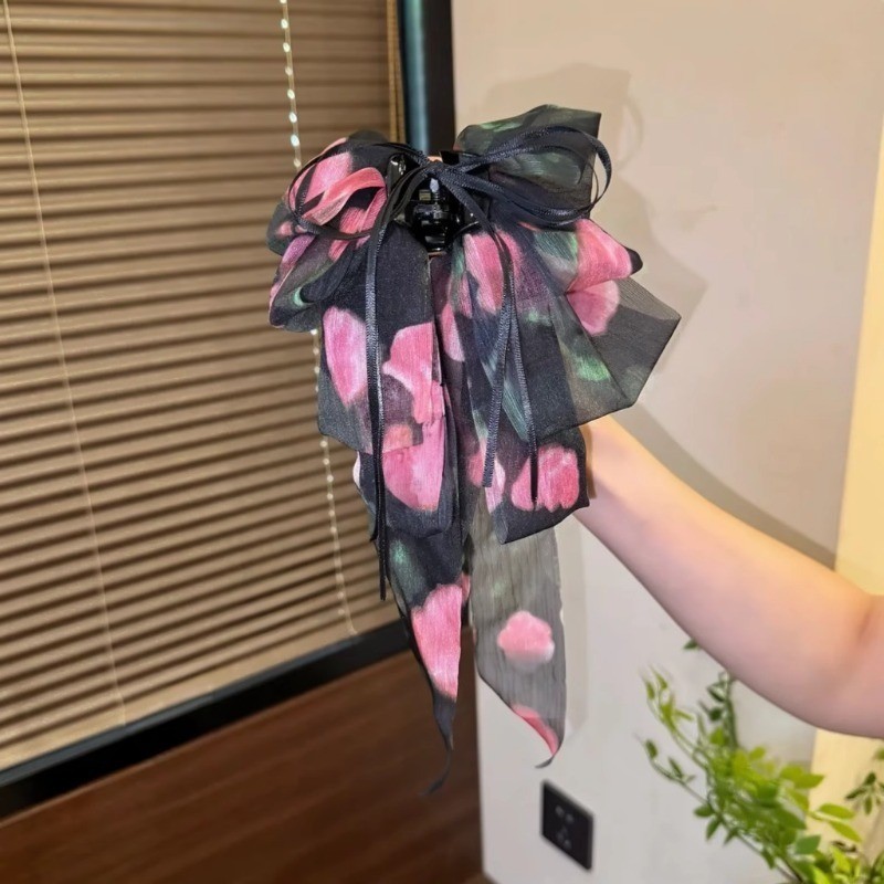 สีดําหลายชั้น Organza Bow Hair Clamp ผู้หญิงs Retro ดอกไม้ผมหางม้าคลิปผมอุปกรณ์เสริมผม - รูปที่ 3