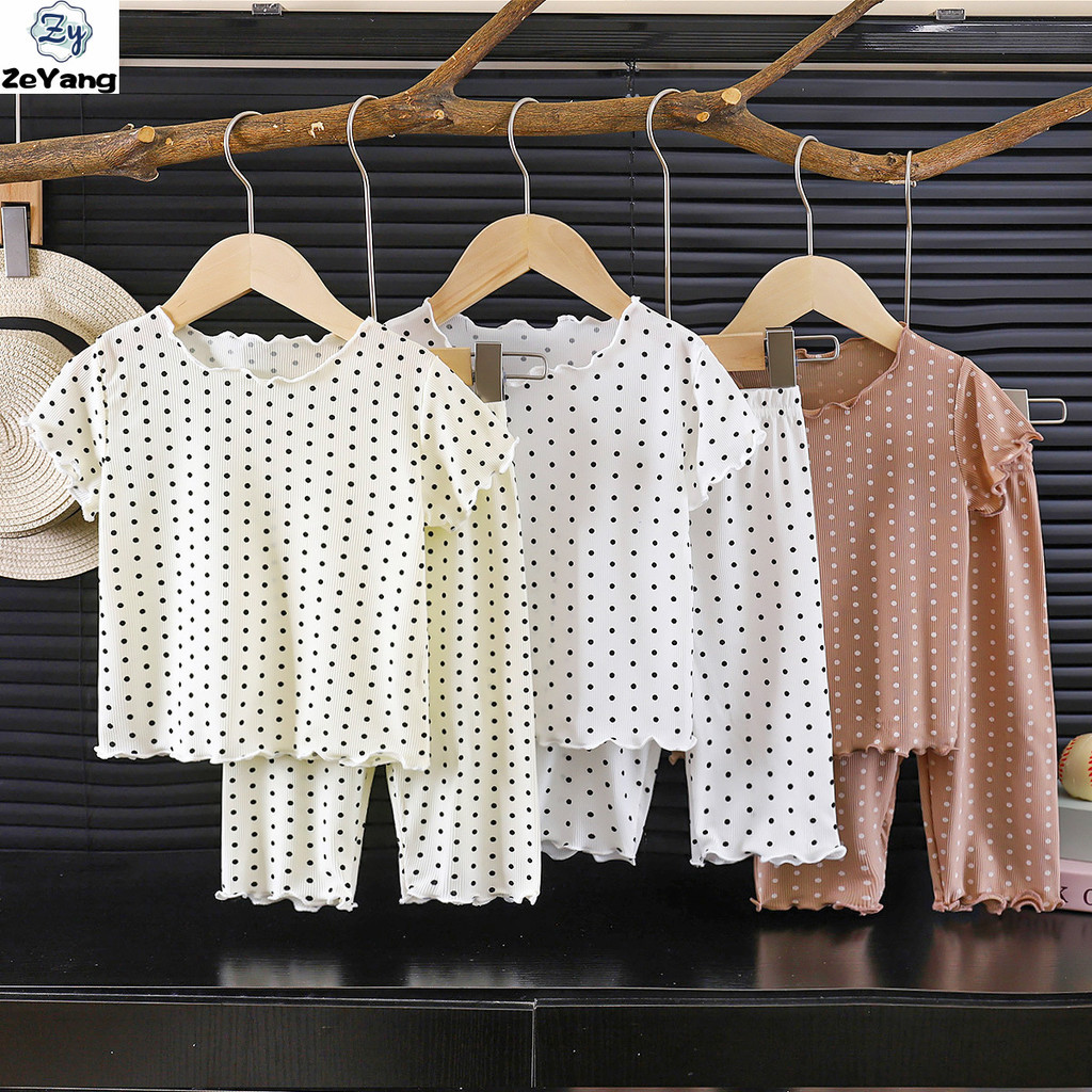 [ZY] 70-140 Ready Stock เสื้อยืดแขนสั้นลําลองสําหรับเด็กชุด Polka Dot Homewear กางเกงเด็กแขนสั้นสองชิ้น Paja