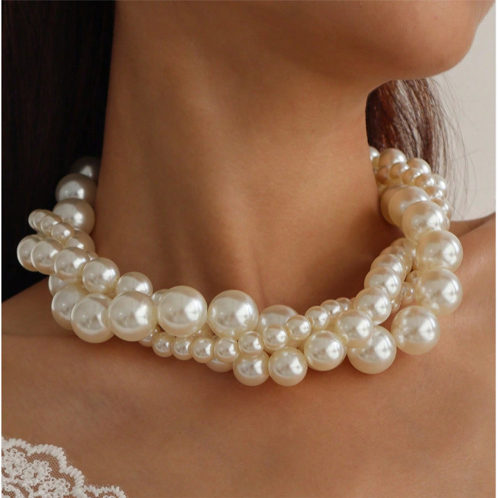 [Bo Y] สร้อยคอโชคเกอร์มุกย้อนยุคซ้อนสามชั้น | ดีไซน์เรขาคณิต สไตล์โอ้อวด | สร้อยคอผู้หญิงที่ไม่ซ้ําใ