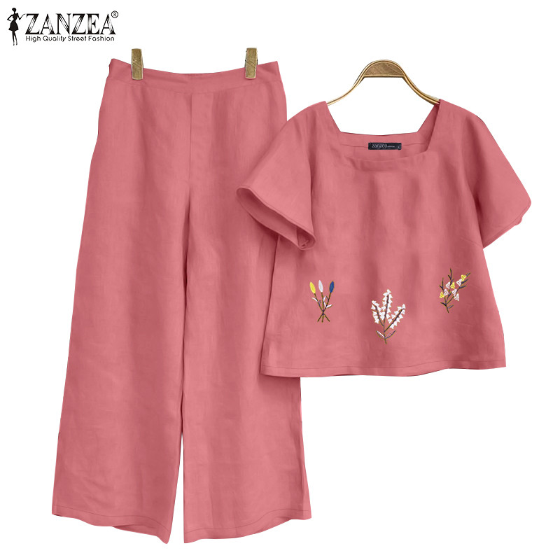 ZANZEA ซานเซีย ผู้หญิงแฟชั่นเกาหลีลําลองคอสี่เหลี่ยมแขนสั้นเสื้อปักวงยืดหยุ่นกางเกงชุดสองชิ้น