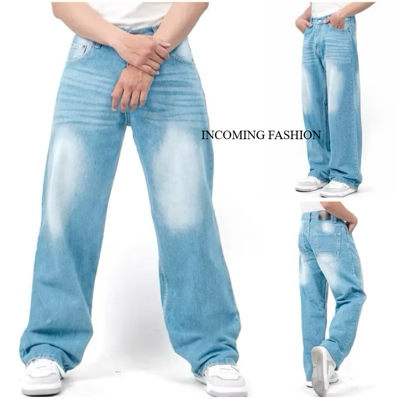 หลวม Unisex Highwaist Baggy กางเกงยีนส์ขากว้าง Baggy กางเกงล้าง Denim Men