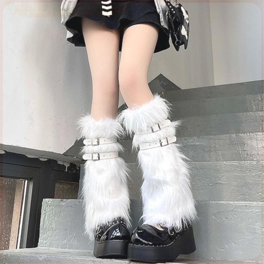 ถุงเท้าหนังเทียม ให้ความอบอุ่น ประดับขนเฟอร์ ยาวถึงเข่า สีขาว แฟชั่นฮาราจูกุ สไตล์พังก์ โลลิต้า พังก์ Y2K