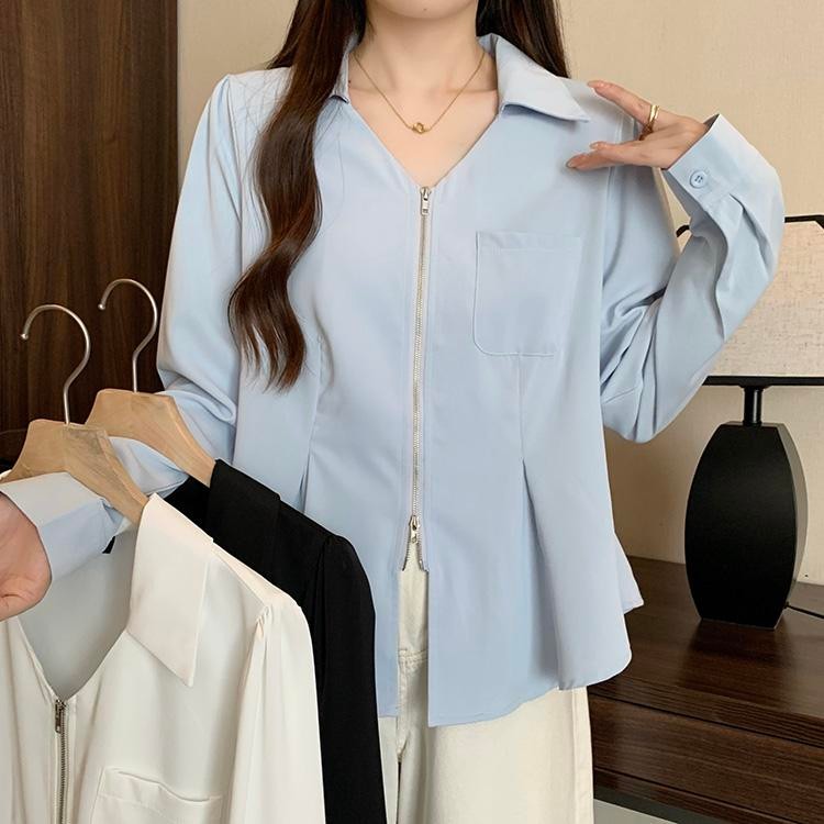 🌵Grace_chili🌵 เสื้อเชิ้ตแขนยาวสีฟ้า การออกแบบซิปคู่ เสื้อแฟชั่นผู้หญิงไม่ต้องรีด เสื้อเชิ้ตแขนยาวสีพื้นไซส์ใหญ่ W606