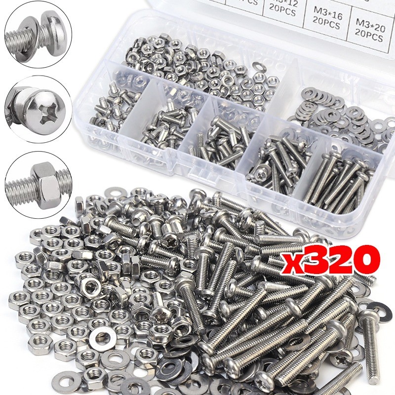 320 ชิ้น/กล่อง M3 สกรู Nut Kit - สแตนเลส Hex Bolts Nut ชุดเครื่องซักผ้าแบบแบน