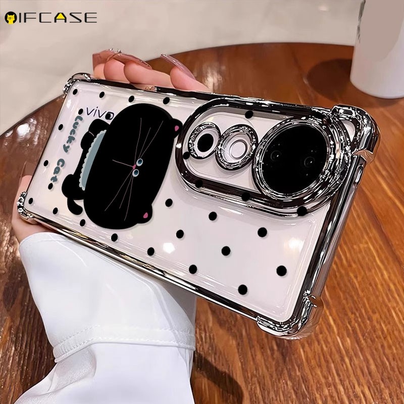 สําหรับ Vivo V40 V30 V29 V27 V25 V23 Pro V27e V21 4G 5G V21s เคสโทรศัพท์น่ารัก Lucky Black Cat Polka Dot การ์ตูนชุบหรูหราโปร่งใสนุ่มกรณีปกหลัง