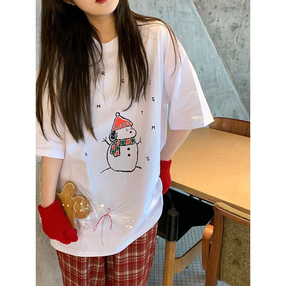 Top.street เสื้อยืดOversize ผ้าCOTTON100%ลาย "Snowman" เนื้อผ้าเกรดพรีเมียม คอกลม สไตล์เกาหลี ใส่ได้ทั้งชาย-หญิง