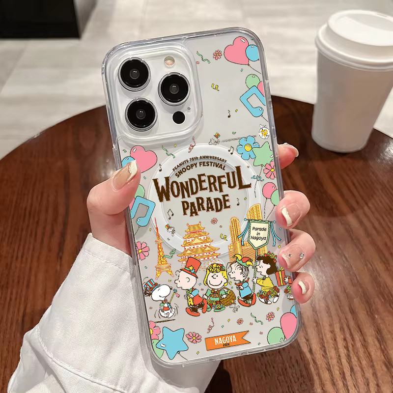 การ์ตูนน่ารัก Snoopy Wonderful Parade Hard MagFit iPhone โปร่งใสสําหรับ iPhone 16 Pro Max16 Plus 15 Pro 14 + 13 Pro Max 12 แม่เหล็กกันกระแทก iPhone 11 ฝาครอบ