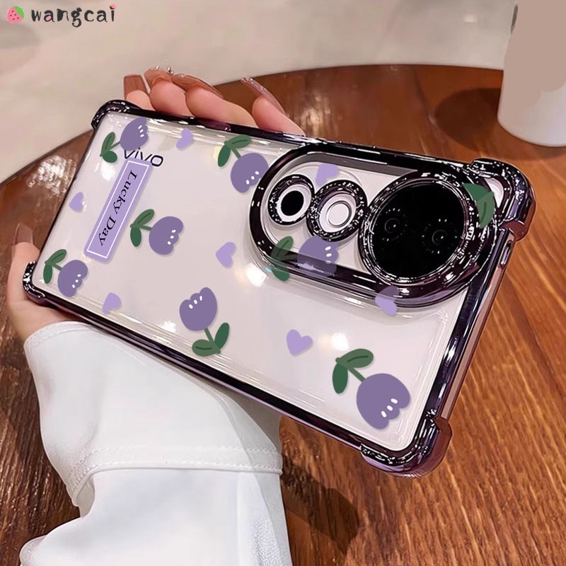 สําหรับvivo V40 V30 V29 V27 V25 V23 Pro V27e V21 4G 5G V21sเคสโทรศัพท์น่ารักสีม่วงTulipsดอกไม้ป้ายลายจุดชุบโปร่งใสนุ่มกรณีปกหลัง