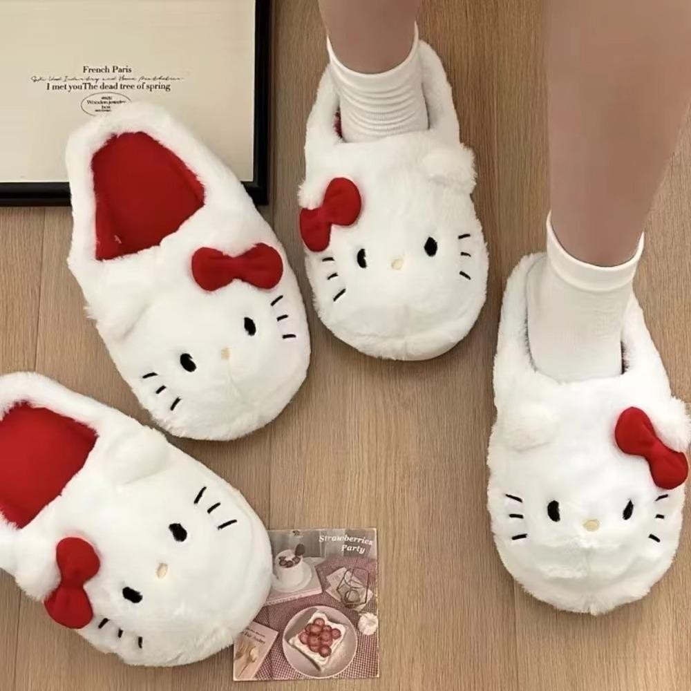 Hgougv656 รองเท้าแตะ Hello Kitty, ฤดูหนาวที่อบอุ่นลื่นรองเท้าแตะ Sanrio Plush, แฟชั่นคุณภาพสูงป้องกันกลิ่นน่ารักโบว์รองเท้าแตะผู้หญิงปี Xmas