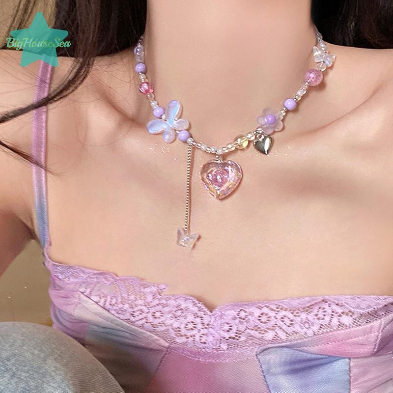 [BigHouseSea] Y2k หัวใจผีเสื้อจี้Chokerสร้อยคอลูกปัดที่มีสีสันClavicle Chainสําหรับผู้หญิงสาวPunkหวานความงามพรรคเครื่องประดับใหม่