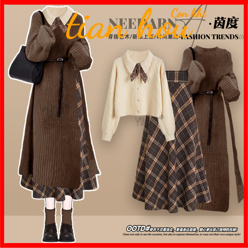 สินค้าใหม่เสื้อสเวตเตอร์ถักลายสก๊อตสไตล์ชิวๆสำหรับผู้หญิงในฤดูหนาวชุดเดรสสามชิ้นที่มีการออกแบบต่างๆ c3lc
