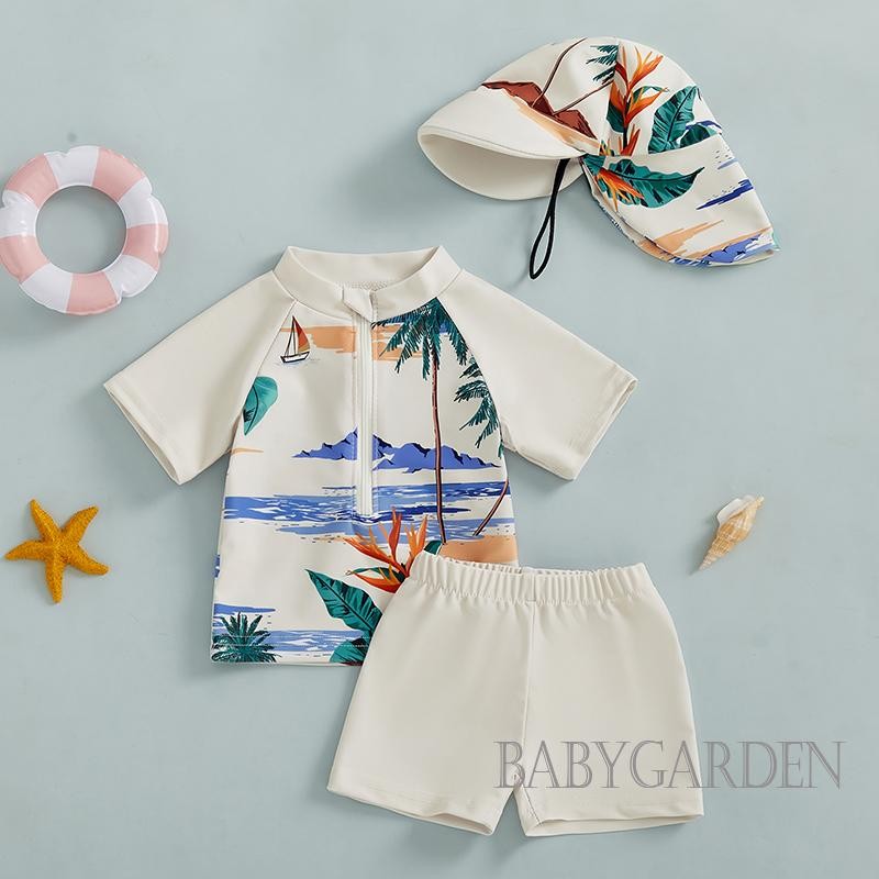 【ส่งจากไทย】 0-5years เด็ก/เด็กทารก 3 ชิ้นชุดว่ายน้ําชุดฤดูร้อนน่ารักพิมพ์ซิปแขนสั้น Rash Guard และกางเกงว่ายน้ําและหมวกชุดว่ายน้ํา Beachwear